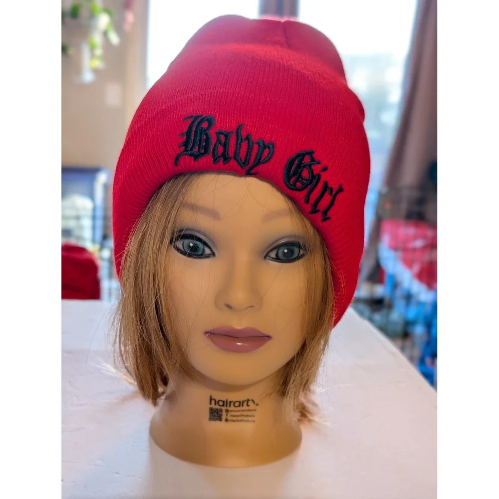 Baby Girl Gothic Embroidered Knit Beanie Red Y2K Streetwear Hat OS